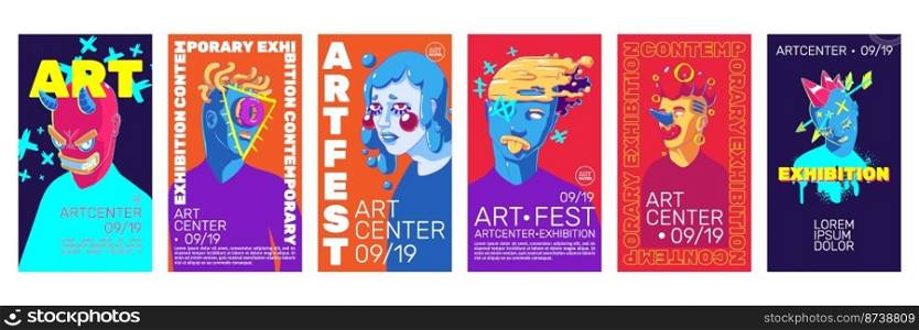Art exhibition flyers with contemporary portraits, abstract faces modern illustration. Vector templates design for art center or festival event. Cartoon creative graphics with surreal characters, set. Art exhibition flyers with contemporary portraits