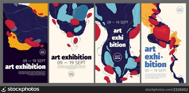 Art exhibition posters with abstract painting design. Vector vertical banners, invitation flyers to museum or gallery with trendy creative background with colorful paint blobs and hand drawn shapes. Art exhibition posters with abstract painting