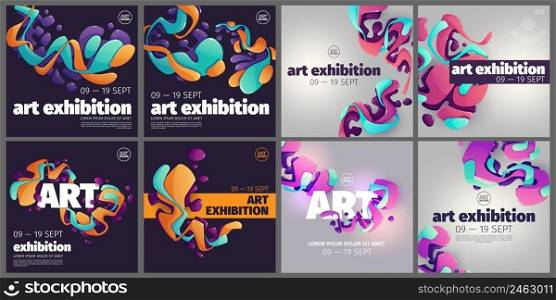 Art exhibition posters with creative pattern of glossy fluid shapes. Vector template for social media in dark and light theme. Square banners of modern gallery or art center. Art exhibition posters with creative pattern