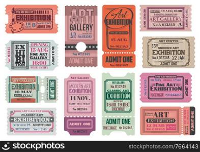 Art gallery and museum exhibition retro tickets, admits vector templates. City museum, art center and painting gallery entrance coupon, event access card, invite card or ticket with tear off part. Art gallery and exhibition retro tickets vectors