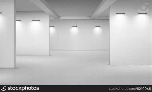Art gallery empty interior, 3d room with white walls, floor and illumination lamps. Museum passages with lights for pictures presentation, photography contest exhibition hall, Realistic vector mock up. Art gallery empty room with white walls and lamps