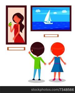 Art gallery excursion for school children. Kids watching on seascape with sailboat, woman portrait vector illustration in museum hall isolated on white. Art Gallery Excursion for School Children Vector