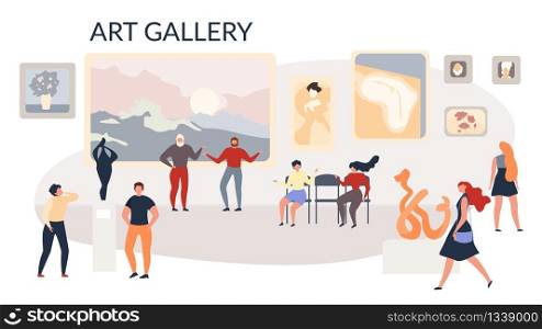 Art Gallery Exhibition Paintings and Sculptures. Colored Vector Flat Illustration. Visitors Exhibition View Paintings and Sculptures Abstract Modern Art, Discuss. Two Girls Sitting Chairs, Talking. Art Gallery Exhibition Paintings and Sculptures