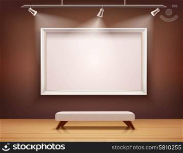 Art gallery interior with white picture frame and bench vector illustration. Gallery Interior Illustration