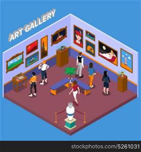 Art Gallery Isometric Illustration. Art gallery with paintings, exhibits on pedestals, benches for visitors on blue background isometric vector illustration