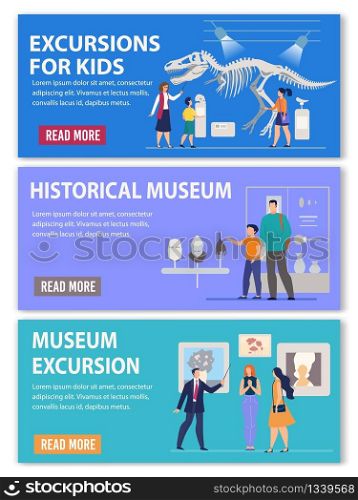 Art Gallery, Middle Ages Historical and Archeological Science Museum Excursions for Kids and Adults Advertising Header Banner. Visitors Viewing Ancient Artifacts Collection. Vector Illustration