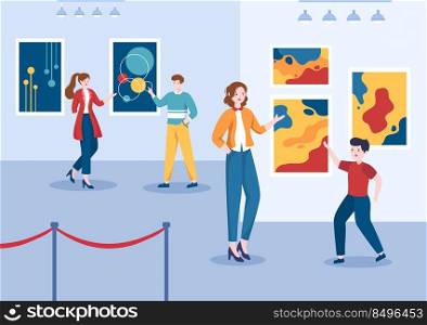 Art Gallery Museum Cartoon Illustration with Exhibition, Culture, Sculpture, Painting and Some People to See it in Flat Style Design