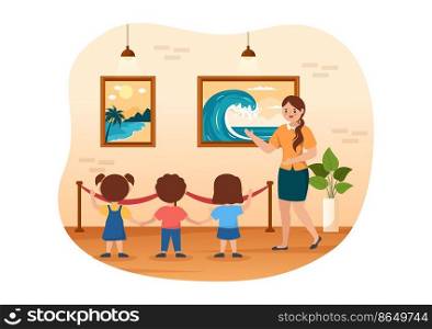 Art Gallery of Kids Museum Visitors View Exhibition of Modern Abstract Paintings in Contemporary in Flat Cartoon Hand Template Illustration