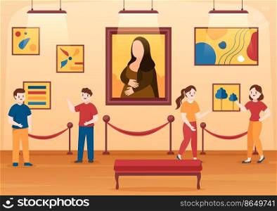 Art Gallery on Museum of Exhibition Visitors Viewing Modern Abstract Paintings at Contemporary and Photo in Flat Cartoon Hand Template Illustration