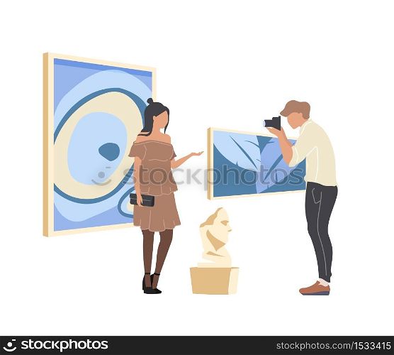 Art gallery tourist flat color vector faceless characters. Man photograph woman with artwork. Cultural masterpiece exhibits isolated cartoon illustration for web graphic design and animation. Art gallery tourist flat color vector faceless characters