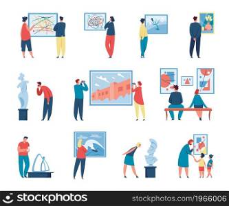 Art gallery visitors looking at paintings, people in museum exhibition. Characters admiring or taking photo of painting or sculpture vector set. Man and woman watching modern and classical exhibits