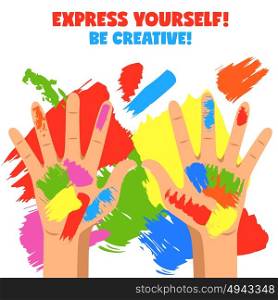 Art Hands Illustration. Creative art poster with painted colorful hands on white background flat vector illustration