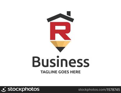 art home design logo vector base from idea of initial R letter, house and pencil