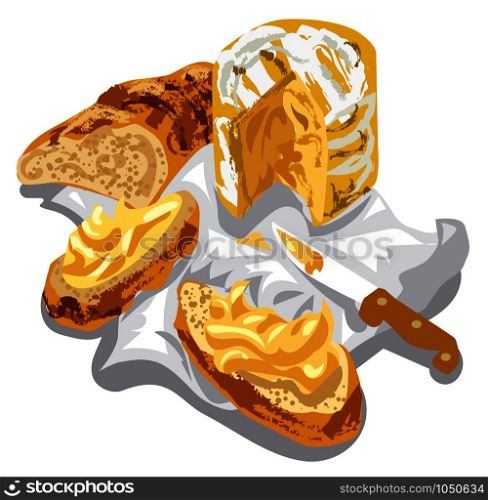 art illustration of sliced fresh cheese camembert and bread on the napkin. cheese with bread
