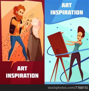 Art inspiration 2 vertical retro cartoon banners set with carving sculptor and painting artist isolated vector illustration  . Art Inspiration Cartoon Banners Set 