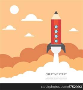 Art launch pencil rocket with sky space, Creative start, Vector illustration.