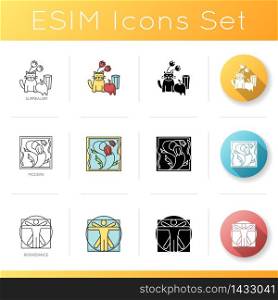 Art movements icons set. Artworks in surrealism, renaissance styles. Modern and classical painting. Linear, black and RGB color styles. Isolated vector illustrations. Art movements icons set