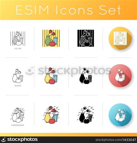 Art movements icons set. Modern and classical paintings exhibition. Pop art, expressionism and realism styles. Linear, black and RGB color styles. Isolated vector illustrations. Art movements icons set