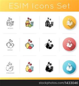 Art movements icons set. Modern paintings exhibition. Art deco, baroque and impressionism styles. Linear, black and RGB color styles. Isolated vector illustrations. Art movements icons set