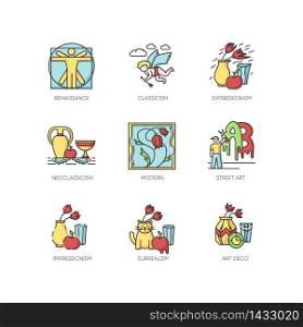 Art movements RGB color icons set. Artworks in surrealism, neoclassicism styles. Impressionism, expressionism and classicism painting. Isolated vector illustrations. Art movements RGB color icons set