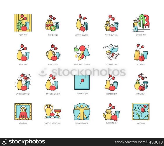 Art movements RGB color icons set. Still life artwork in medieval, modern styles. Impressionism, expressionism and realism painting. Isolated vector illustrations. Art movements RGB color icons set