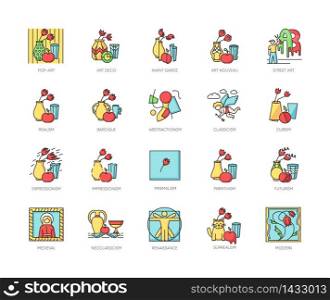 Art movements RGB color icons set. Still life artwork in medieval, modern styles. Impressionism, expressionism and realism painting. Isolated vector illustrations. Art movements RGB color icons set