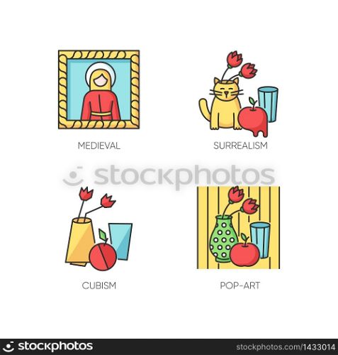 Art movements RGB color icons set. Surrealism and cubism styles. Medieval portrait and pop art still life paintings. Isolated vector illustrations. Art movements RGB color icons set
