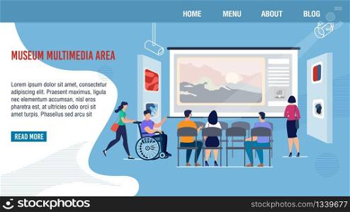 Art Museum Event in Multimedia Area Web Banner, Lading Page Template. Museum Visitors, Tourist, Person with Disability Sitting on Chairs in Hall, Looking Presentation Trendy Flat Vector Illustration