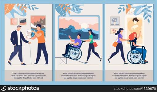 Art Museum Exhibition Accessibility for People with Disabilities Vertical Info Banner, Poster Set. Blind Man, Persons on Wheelchair Visiting Art Museum Exposition Hall Trendy Flat Vector Illustration