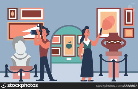 Art museum gallery exhibit with people. Culture painting with tourist visitor and flat artwork vector illustration. Couple cartoon character and enjoy exposition. Woman and man walk to excursion