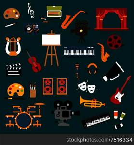 Art, music, cinema and theater icons with music instruments ans microphone, loudspeaker and record player, movie camera and film reel, clapperboard and easel, paints and brush, theater stage and masks. Art, music, cinema and theater icons