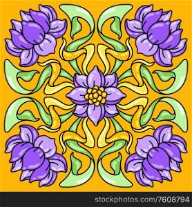 Art Nouveau ceramic tile pattern. Floral motifs in retro style. Vintage pottery with flowers and leaves.. Art Nouveau ceramic tile pattern. Floral motifs in retro style.