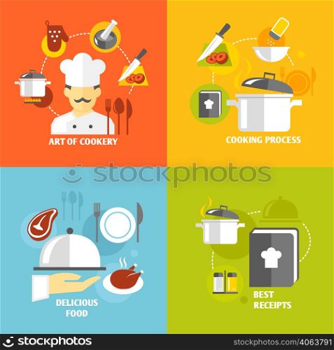 Art of cookery cooking process delicious food best recipes decorative icons set isolated vector illustration