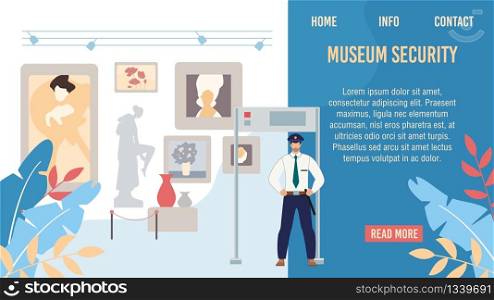 Art or Historical Museum Security Service, Valuable Artworks Protections and Defence Solution Web Banner, Lading Page Template. Museum Guard, Policeman Securing Showpieces Flat Vector Illustration