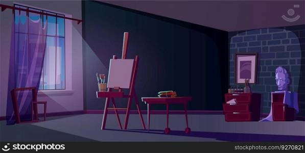 Art paint room studio interior with easel at night cartoon illustration. Craft vector background with artwork material, canvas, paintbrush and head figure in house workroom. Brush and pencil equipment. Art paint room studio interior with easel at night