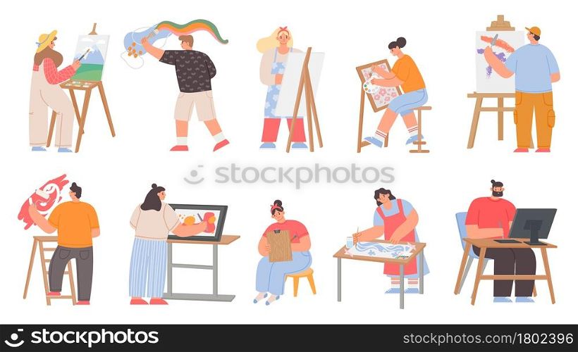 Art painters, digital artists and graphic designer characters. Men and women draw painting on canvas easel. Creative job or hobby vector set. Illustration of graphic painter and digital artist. Art painters, digital artists and graphic designer characters. Men and women draw painting on canvas easel. Creative job or hobby vector set