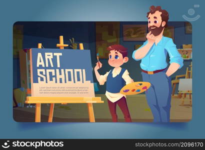 Art school banner with boy and teacher in classroom. Vector landing page of artist studio with cartoon illustration of child student with brush and palette draws on canvas. Art school banner with boy drawing on canvas