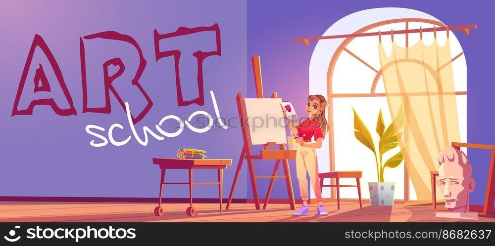 Art school cartoon banner. Artist girl at easel paint flower. Painter young woman in teenage clothes holding pencil and sketchbook with rose blossom sketch. Workshop studio class vector illustration. Art school cartoon banner. Artist girl at easel