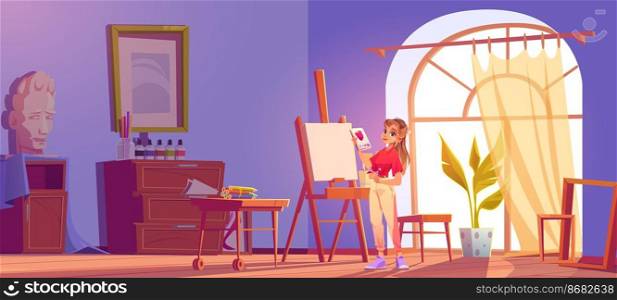 Art school cartoon illustration. Artist girl at easel paint flower. Painter young woman in teenage clothes holding pencil and sketchbook with rose blossom sketch. Workshop studio class vector interior. Art school cartoon banner. Artist girl at easel
