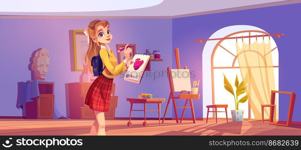 Art school cartoon illustration. Artist girl at easel paint flower. Painter young woman in teenage clothes holding pencil and sketchbook with rose blossom sketch. Workshop studio class vector interior. Art school cartoon banner. Artist girl at easel