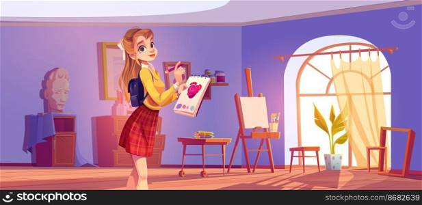 Art school cartoon illustration. Artist girl at easel paint flower. Painter young woman in teenage clothes holding pencil and sketchbook with rose blossom sketch. Workshop studio class vector interior. Art school cartoon banner. Artist girl at easel