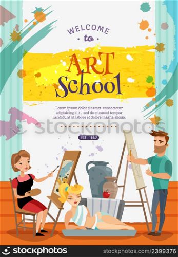 Art school courses on painting and graphic design creative cartoon invitation poster with live model vector illustration. Visual Art School Classes Offer Poster