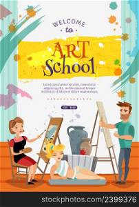 Art school courses on painting and graphic design creative cartoon invitation poster with live model vector illustration. Visual Art School Classes Offer Poster