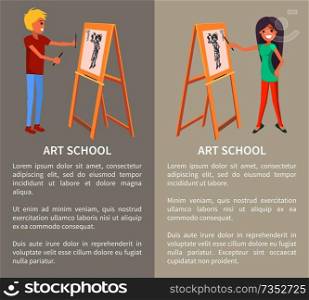 Art school, creative people painting in graphic style, vector illustration with text s&le, cheerful man and woman, graphic drawings, special holders. Art School, Creative People Painting in Graphic