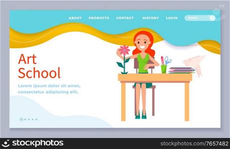 Art school landing page with smiling pupil sitting at desktop with books. Girl character learning to do papercut flower, scissors and pencils. Website or webpage template, app slider flat style vector. Education Online Art School Landing Page Vector