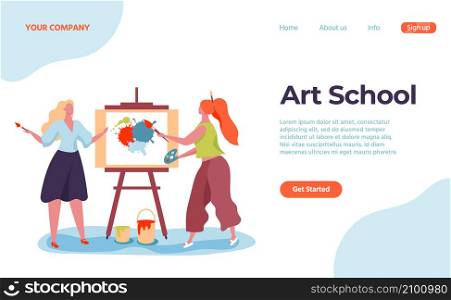 Art school landing web page, artist and teacher. Vector art education school page, class learning illustration concept. Art school landing web page, artist and teacher