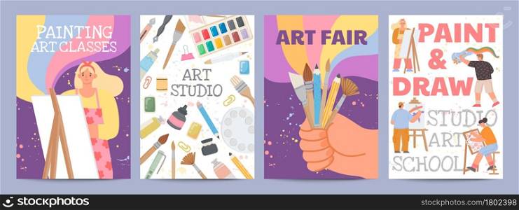 Art school or classes posters with characters and painting supply. Creative drawing course banners with paint brush and material vector set. Illustration of artist painting school banner. Art school or classes posters with characters and painting supply. Creative drawing course banners with paint brush and material vector set