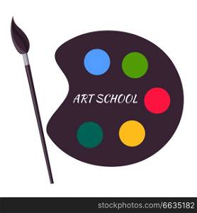 Art school paints colorful palette with brush vector illustration isolated on white background. Watercolor paint in flat style. Art School Paints Color Palette with Brush Vector