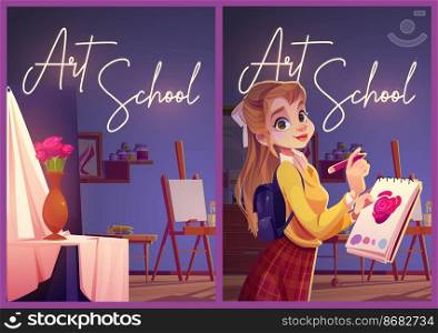 Art school posters with girl painter and studio interior with canvas, drapery and flowers in vase. Vector banners with cartoon illustration of artist class and woman student with pencil and notebook. Art school posters with girl painter and studio