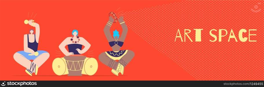 Art Space in Modern Style Flat Banner Illustration Vector. Tribal Musician International Man Woman Band in Traditional Clothes Accessories Playing African Drum, Maracas, Tambourine. Music Festival. Art Space with Tribal Musician Flat Style Banner